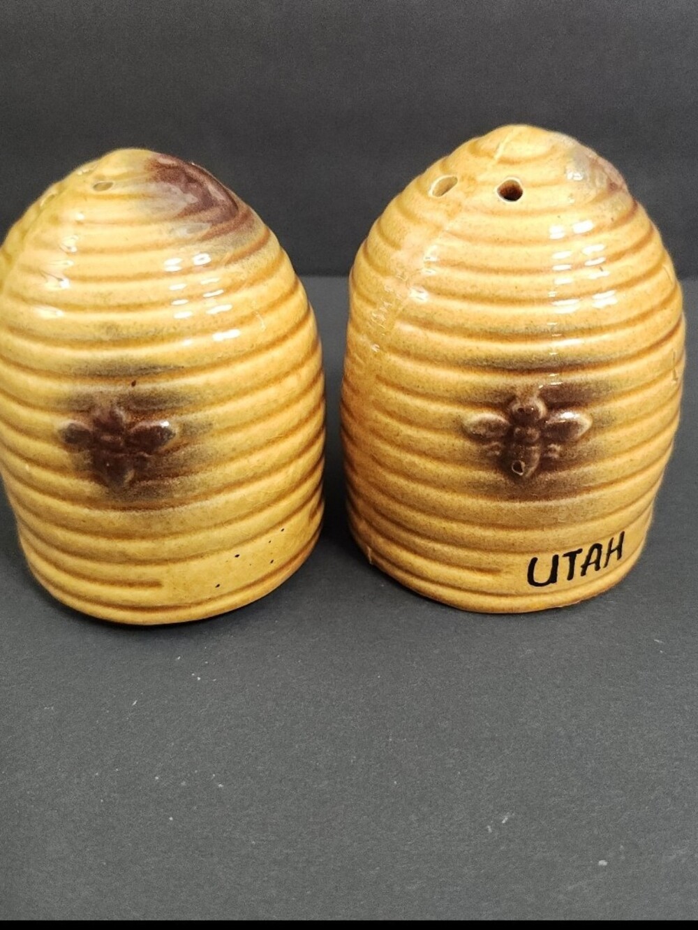 Vintage Salt and Pepper Shakers Beehive UTAH Ceramic Souvenir Japan 2 7/8"H